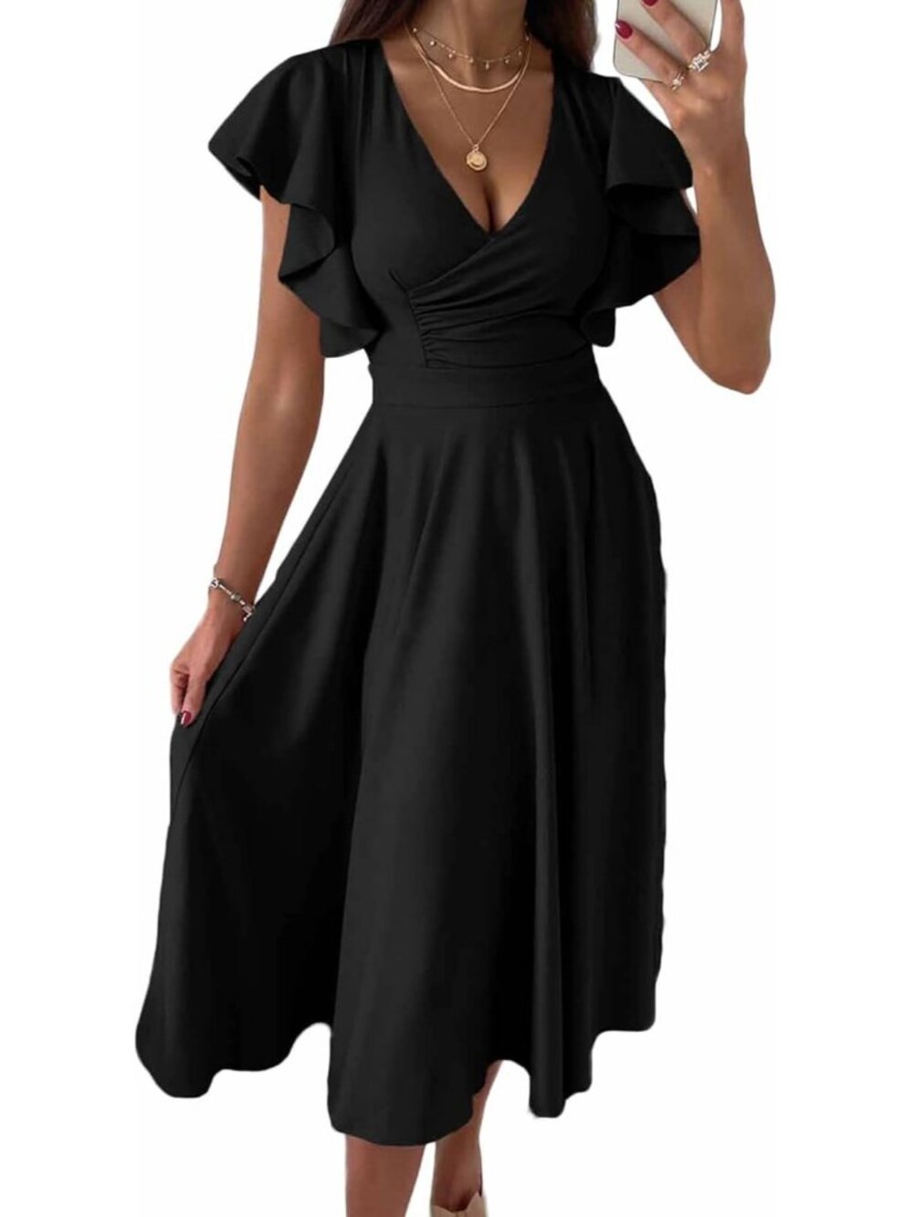 Women's Black Ruffled Flutter Sleeves V Neck High Waist Imported MIDI Dress